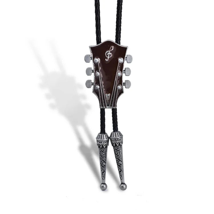 Popular guitar instrument genuine leather polo tie pendant necklace,adjustable,oil dripping technique,gift for music enthusiasts