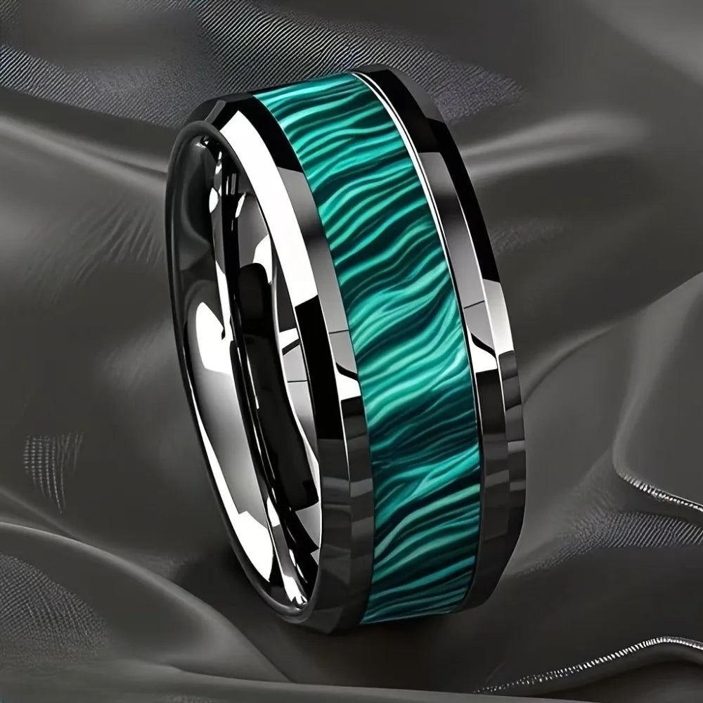 8MM Imitation of Peacock Stone Inlay Men's Stainless Steel Rings Silver Color Wedding Band Jewelry for Men Steel Ring