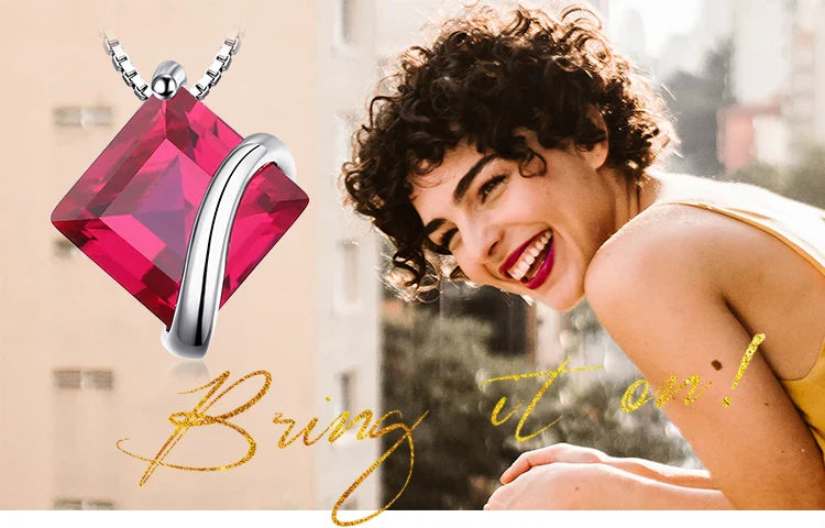JewelryPalace Square Created Red Ruby 925 Sterling Silver Pendant Necklace Gemstones Choker Statement Necklace Without Chain