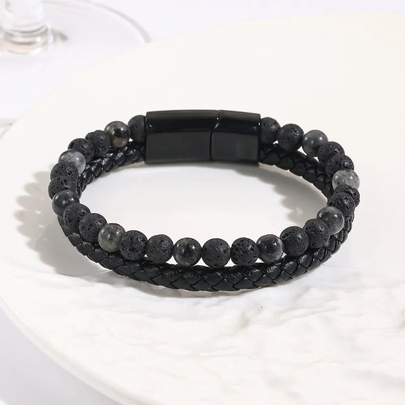 Black Shining Volcano Tiger Eye Bead Natural Stone Bracelet Men's Cowhide Rope Bracelet Hand String Jewelry Gift