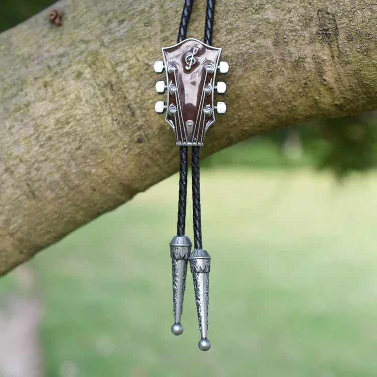 Popular guitar instrument genuine leather polo tie pendant necklace,adjustable,oil dripping technique,gift for music enthusiasts