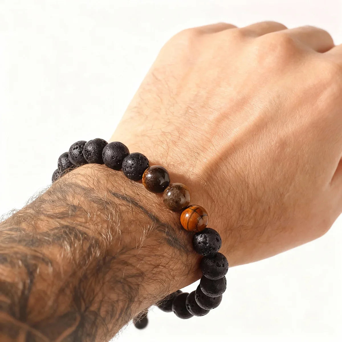 8MM Men Black Lava Beads Bracelet Tiger Eye Stone Adjustable Braided Rope Bangles For Couple Women Yoga Healing Jewelry Gift