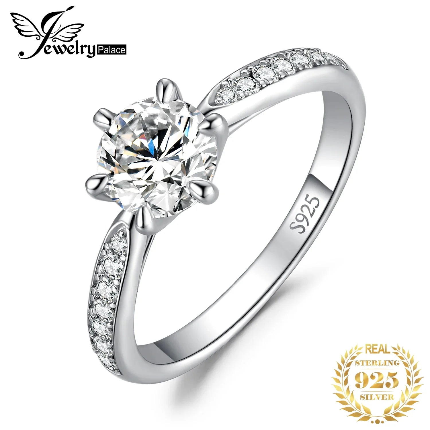 JewelryPalace 5A CZ Solitaire Classic Design 925 Sterling Silver Wedding Engagement Ring for Woman Anniversary Gift Fine Jewelry