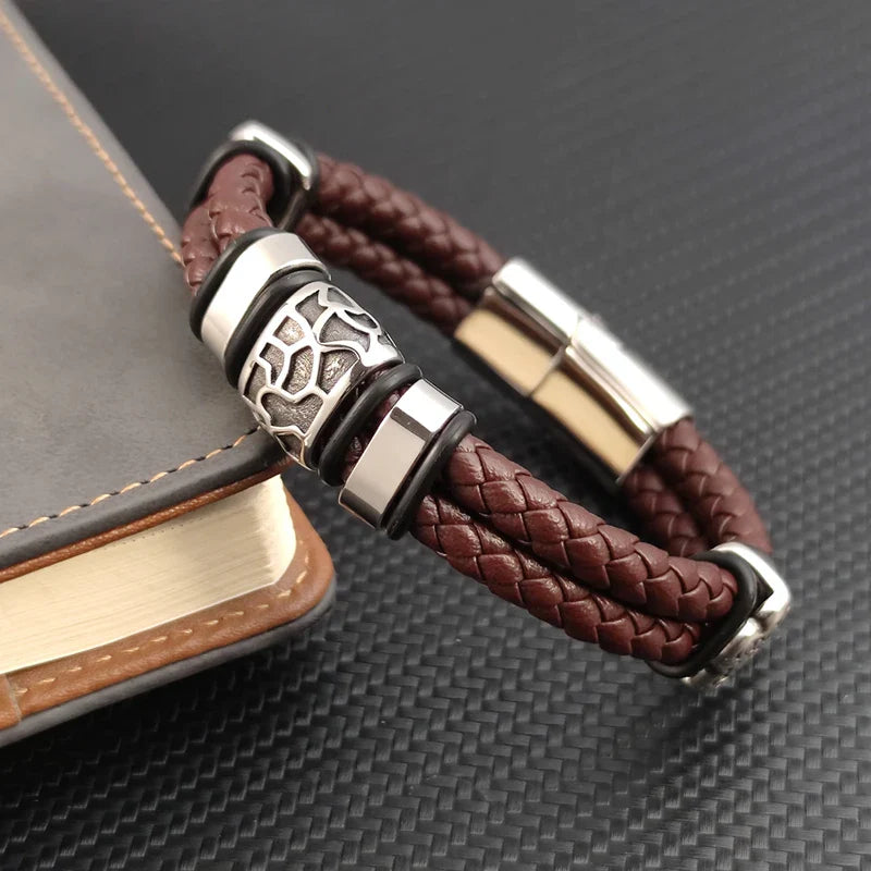 Brown Luxury 316L Stainless Steel Irregularly Cracked Man Bracelet Genuine Braided Leather Men's Jewelry