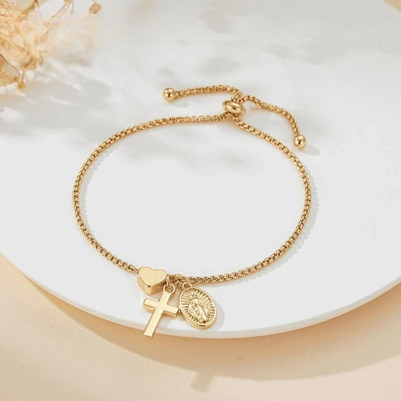 18k Gold Catholic Virgin Mary Cross Heart Bracelet Gift for Women Confirmation First Communion Religious Christian Faith Jewelry