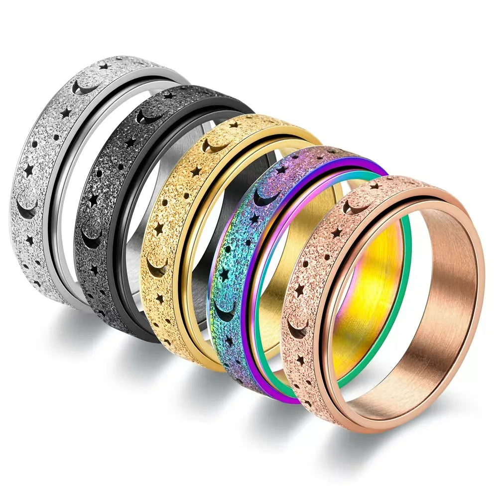 Frosted Stainless Steel Moon And Star Fidget Rings For Women Men Anti Stress And Anxiety Rotating Ring Metal Spinner Ring