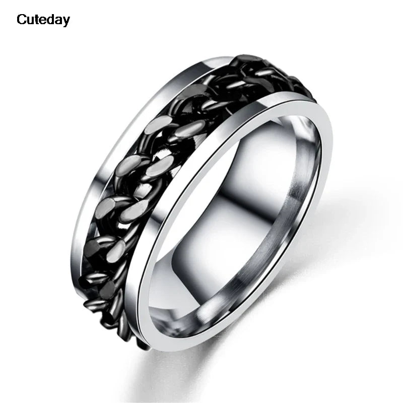 Stainless Steel Chain Rotating Anxiety Black Rings For Men Fidget Metal Spinner Knuckle Ring Anillos De Hombre