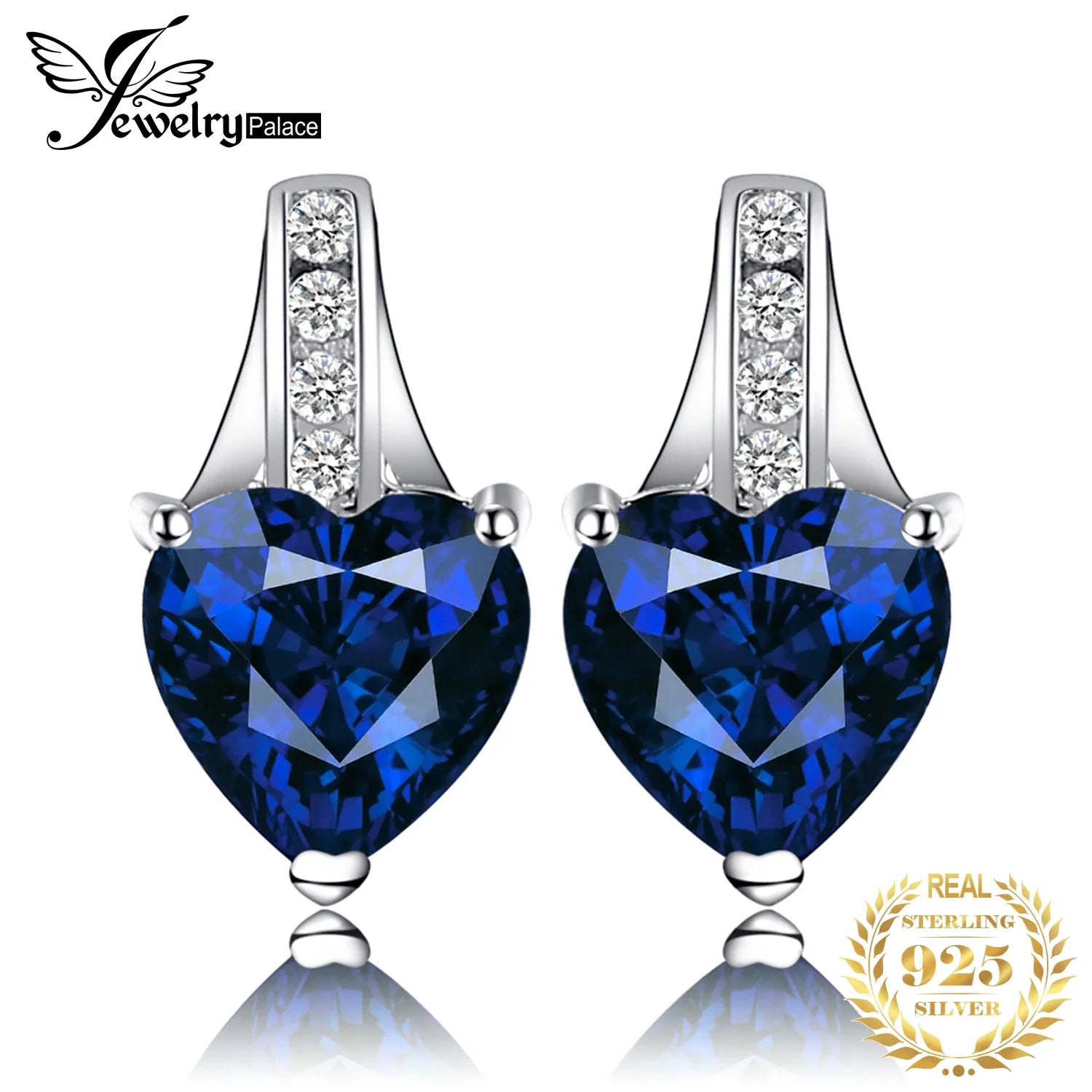 JewelryPalace Love Heart 2.1ct Created Blue Sapphire 925 Sterling Silver Stud Earrings for Woman Fine Jewelry Anniversary Gift