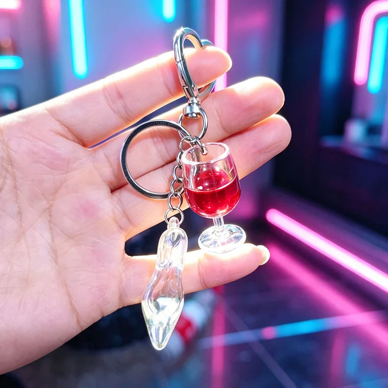 New Colorful Wine Glass High Heels Keychain Cute Laser Princess High Heels Acrylic Pendant with Heart shaped Buckle Suitable for