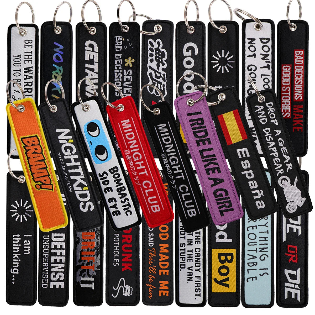1Pcs "No Risk No Fun" Funny Quotes Series Embroidery Key Fobs Backpack Key Tags Motorcycles Keychain Keyrings Accessories Gifts