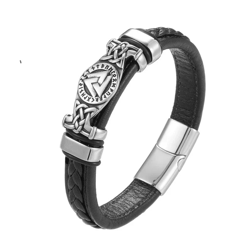 MKENDN Leather Braided Viking Bracelets for Men Boys Vintage Triangle Vegvisir Amulet Scandinavian Wrap Cuff Wirstband Bracelets