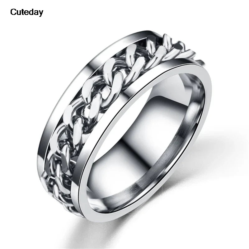 Stainless Steel Chain Rotating Anxiety Black Rings For Men Fidget Metal Spinner Knuckle Ring Anillos De Hombre