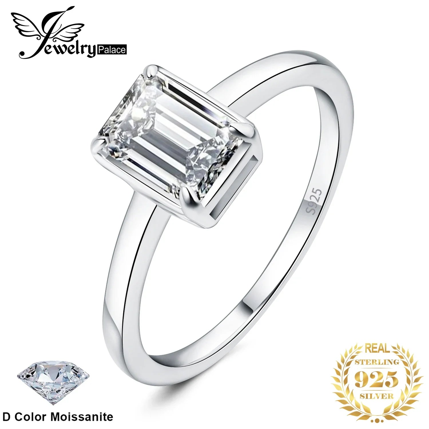 JewelryPalace Moissanite D Color 1ct Emerald Cut 925 Sterling Silver Solitaire Wedding Ring for Woman Yellow Rose Gold Plated