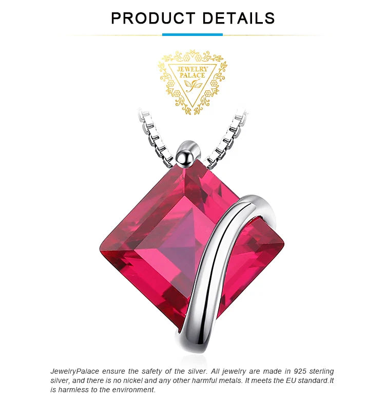 JewelryPalace Square Created Red Ruby 925 Sterling Silver Pendant Necklace Gemstones Choker Statement Necklace Without Chain