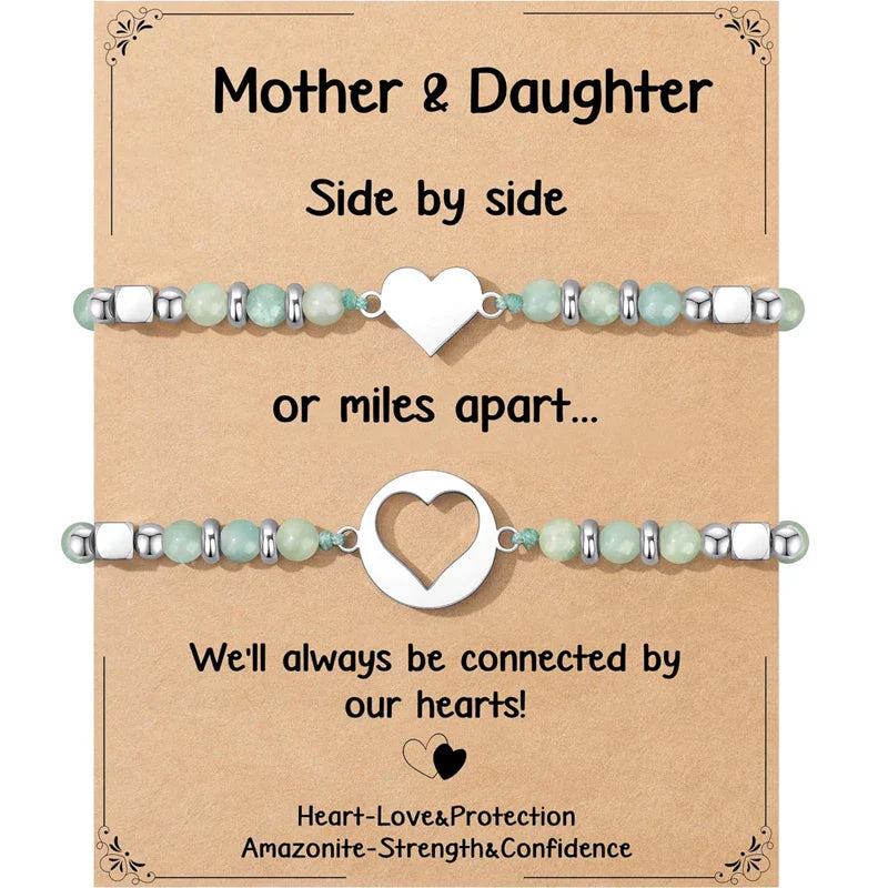 Natural Amazonite Stainless Steel Heart Mother Daughter Bracelets Set Jewelry for Women, Mothers Day Gifts for Mom/Daughter