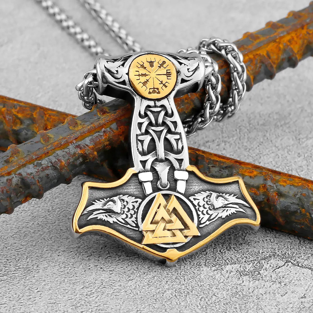 Vintage Thor's Hammer Raven Necklace Stainless Steel Jewelry Animal Nordic Viking Rune Jewelry Pendant Celtic Knot Gift