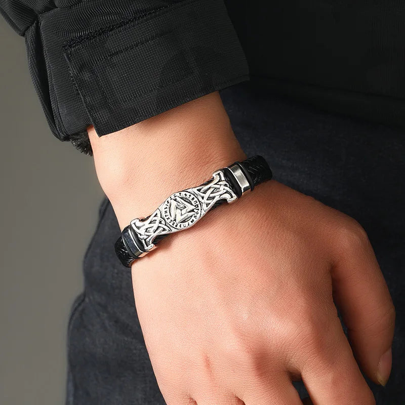 Vintage Viking Woven Leather Bracelet Nordic Celtic Knot Valknut Symbol Magnetic Bangle For Men Jewelry