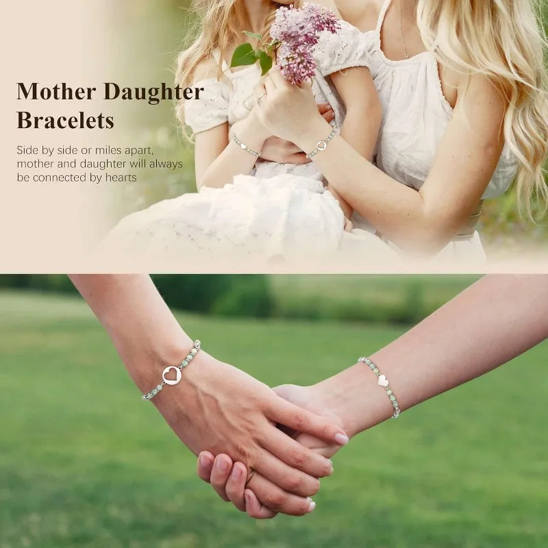 Natural Amazonite Stainless Steel Heart Mother Daughter Bracelets Set Jewelry for Women, Mothers Day Gifts for Mom/Daughter
