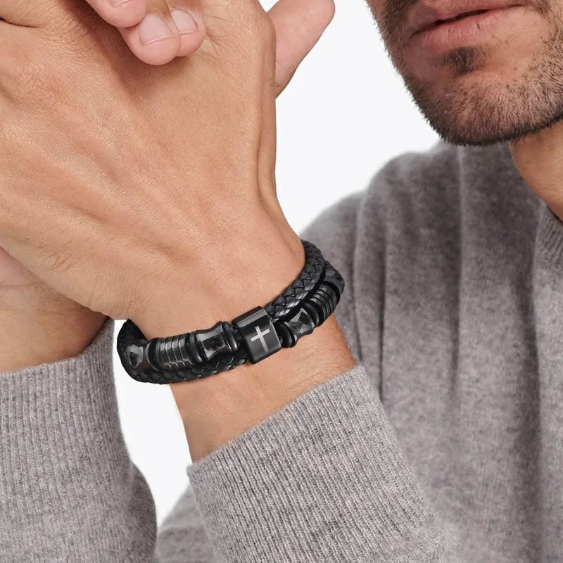 Christian Black Leather Bracelet for Men Double-Row Braided Leather Faith Cross Bracelets Jewelry Religious Baptism Easter Gifts
