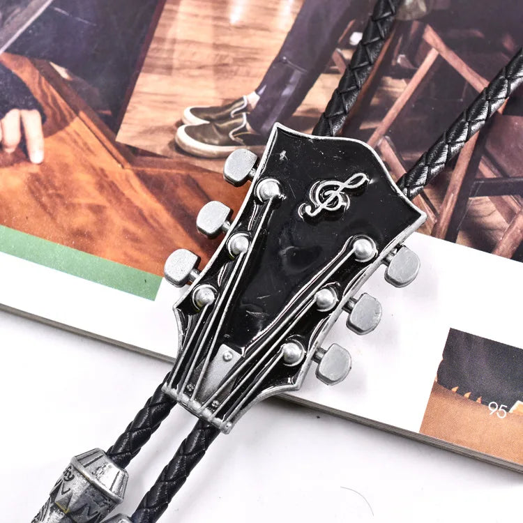 Popular guitar instrument genuine leather polo tie pendant necklace,adjustable,oil dripping technique,gift for music enthusiasts