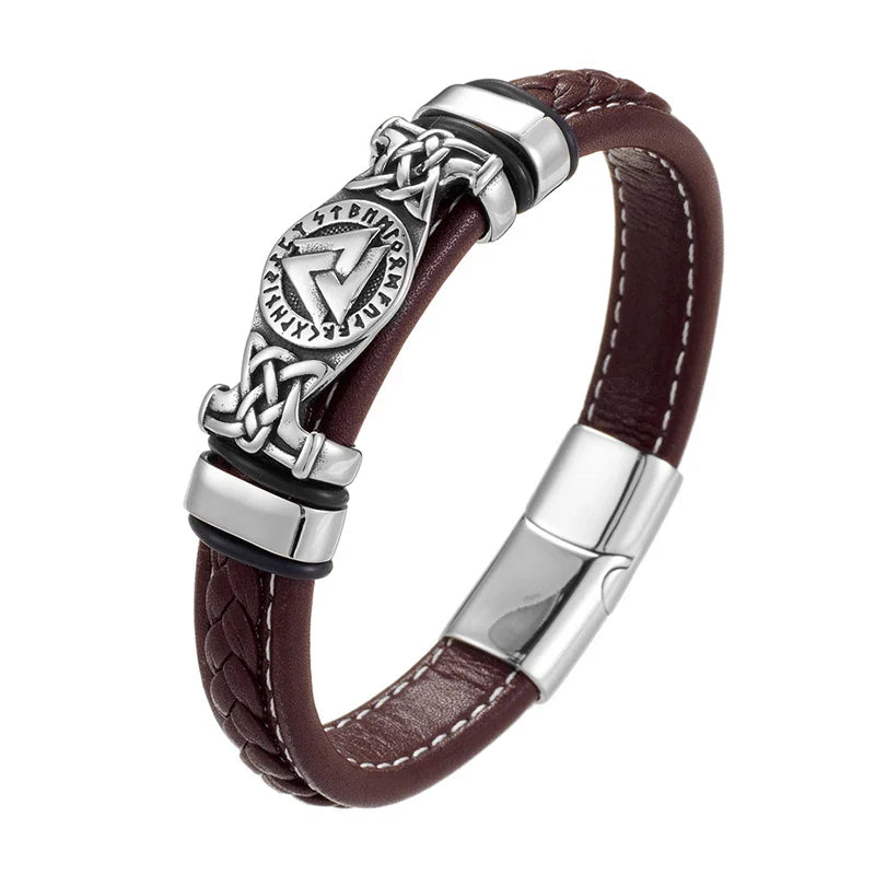 MKENDN Leather Braided Viking Bracelets for Men Boys Vintage Triangle Vegvisir Amulet Scandinavian Wrap Cuff Wirstband Bracelets