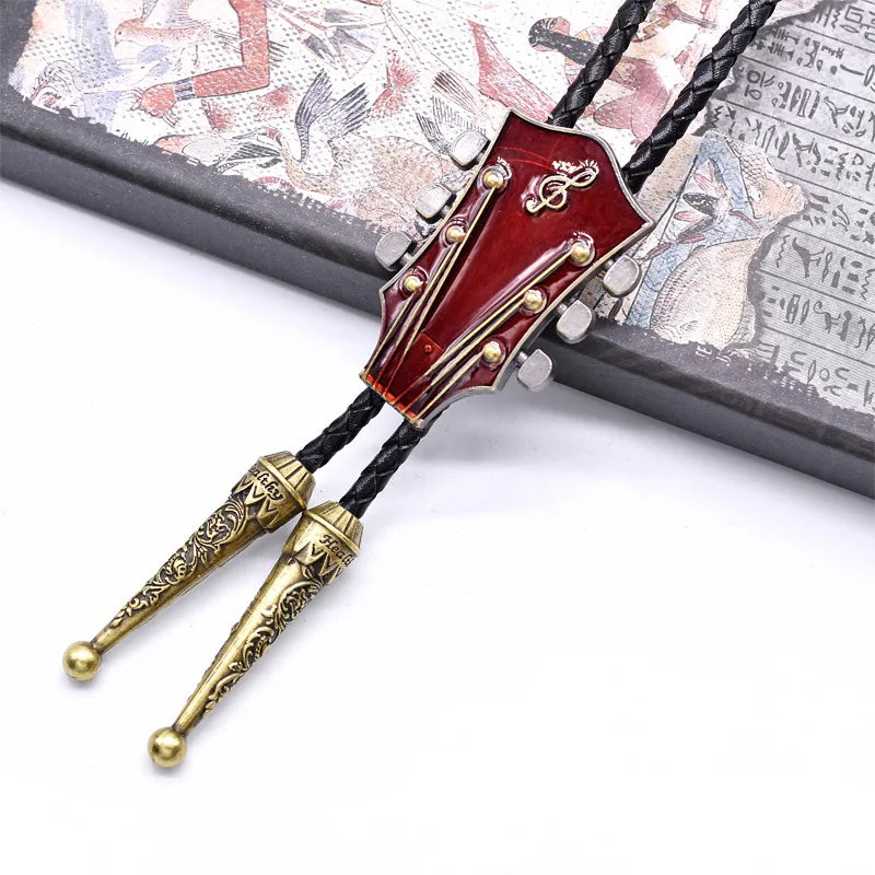 Popular guitar instrument genuine leather polo tie pendant necklace,adjustable,oil dripping technique,gift for music enthusiasts