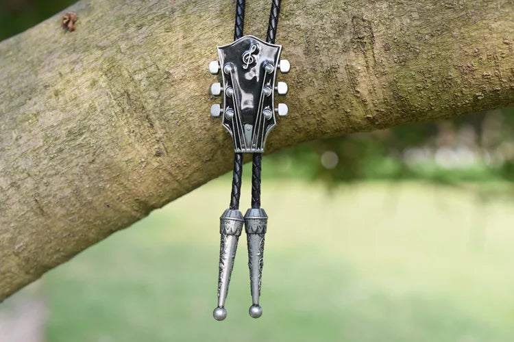 Popular guitar instrument genuine leather polo tie pendant necklace,adjustable,oil dripping technique,gift for music enthusiasts