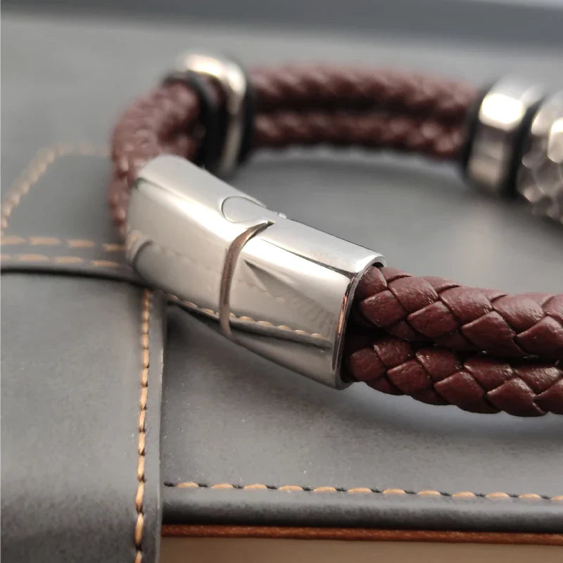 Brown Luxury 316L Stainless Steel Irregularly Cracked Man Bracelet Genuine Braided Leather Men's Jewelry