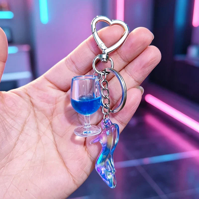 New Colorful Wine Glass High Heels Keychain Cute Laser Princess High Heels Acrylic Pendant with Heart shaped Buckle Suitable for