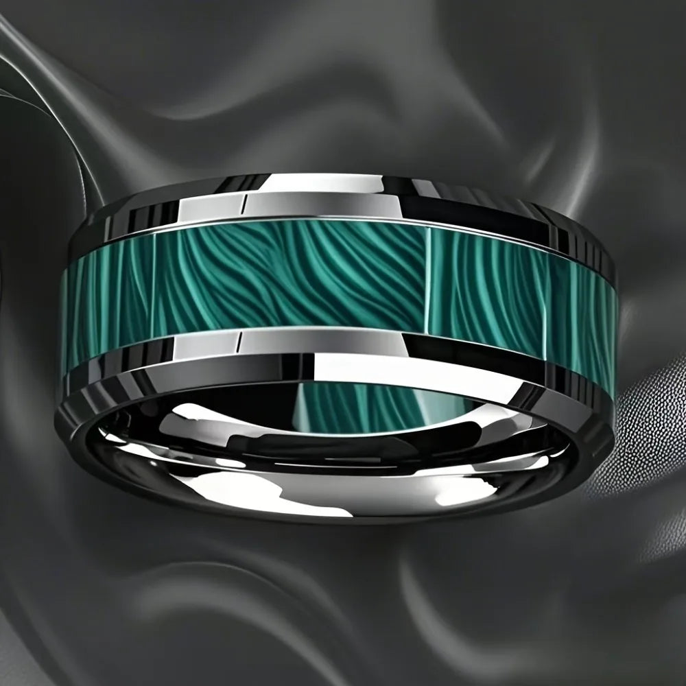 8MM Imitation of Peacock Stone Inlay Men's Stainless Steel Rings Silver Color Wedding Band Jewelry for Men Steel Ring