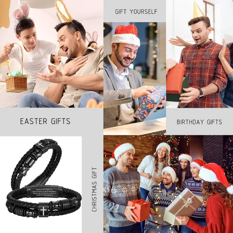 Christian Black Leather Bracelet for Men Double-Row Braided Leather Faith Cross Bracelets Jewelry Religious Baptism Easter Gifts