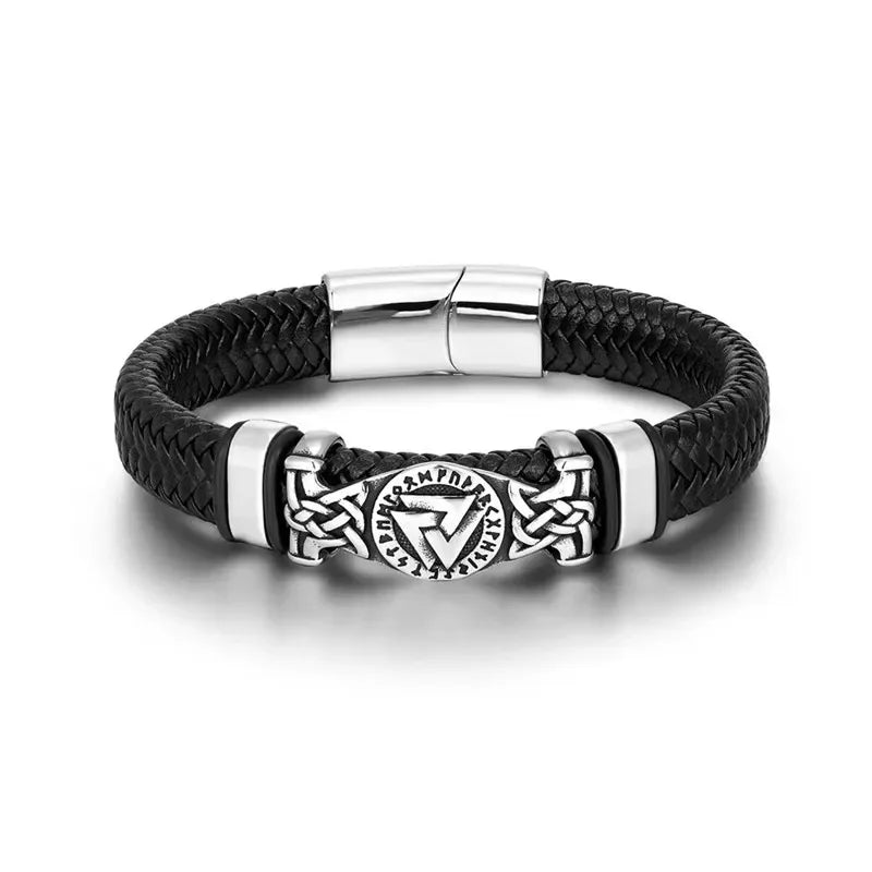 MKENDN Leather Braided Viking Bracelets for Men Boys Vintage Triangle Vegvisir Amulet Scandinavian Wrap Cuff Wirstband Bracelets