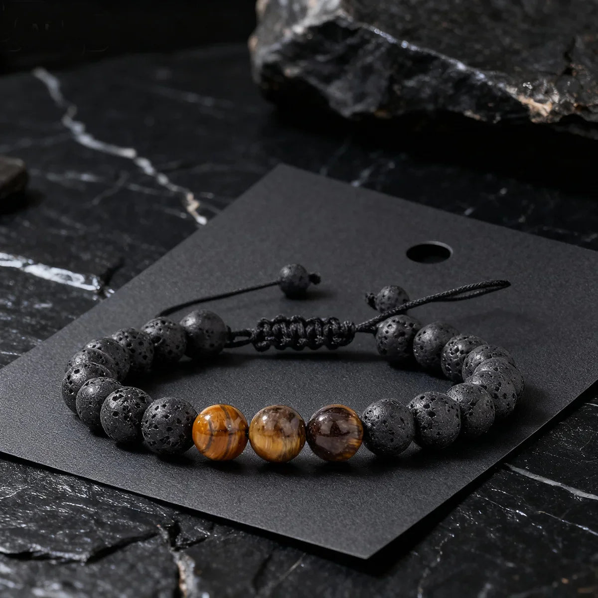 8MM Men Black Lava Beads Bracelet Tiger Eye Stone Adjustable Braided Rope Bangles For Couple Women Yoga Healing Jewelry Gift