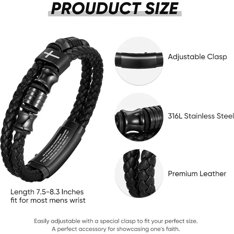 Christian Black Leather Bracelet for Men Double-Row Braided Leather Faith Cross Bracelets Jewelry Religious Baptism Easter Gifts