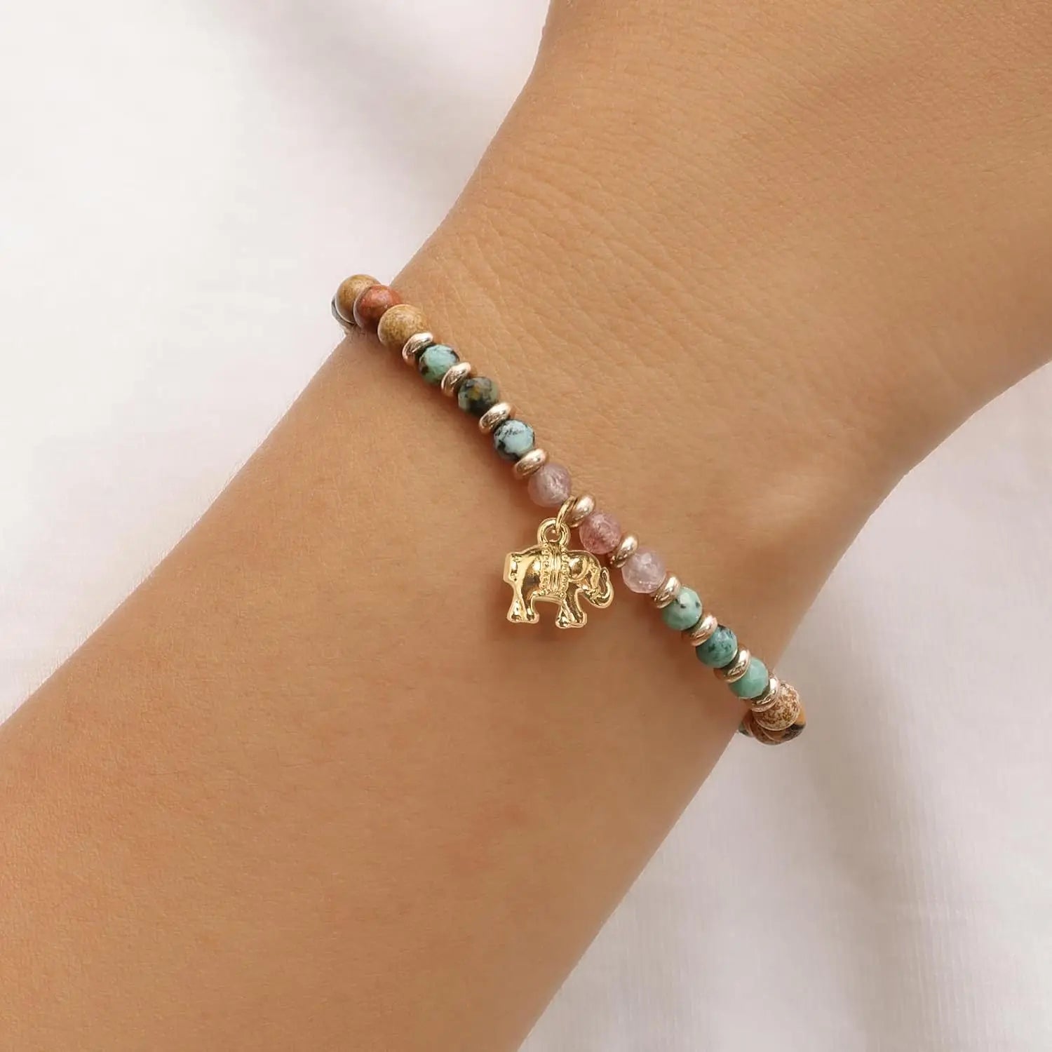 Natural Healing Stone Bracelet Beads,14k Gold Plated Elephant,Friendship Gifts for Women, Birthday Gift for Best Friends Sisters