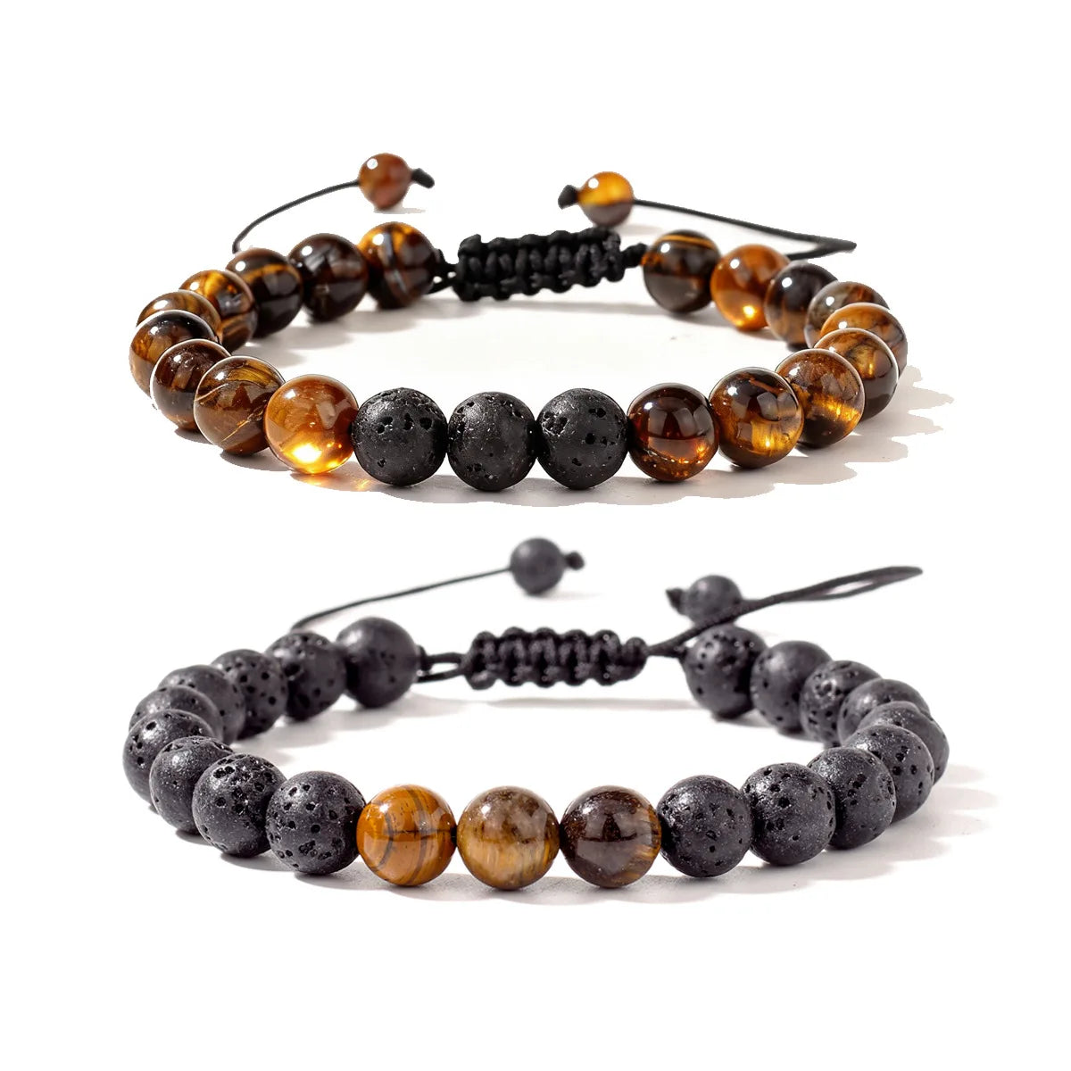 8MM Men Black Lava Beads Bracelet Tiger Eye Stone Adjustable Braided Rope Bangles For Couple Women Yoga Healing Jewelry Gift