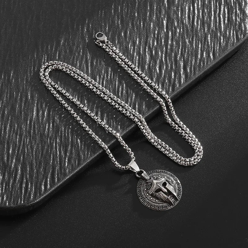 Vintage Ancient Greek Warrior Spartan Shield Pendant Necklace 316L Stainless Steel Men Personalized Punk Amulet Jewelry Gift