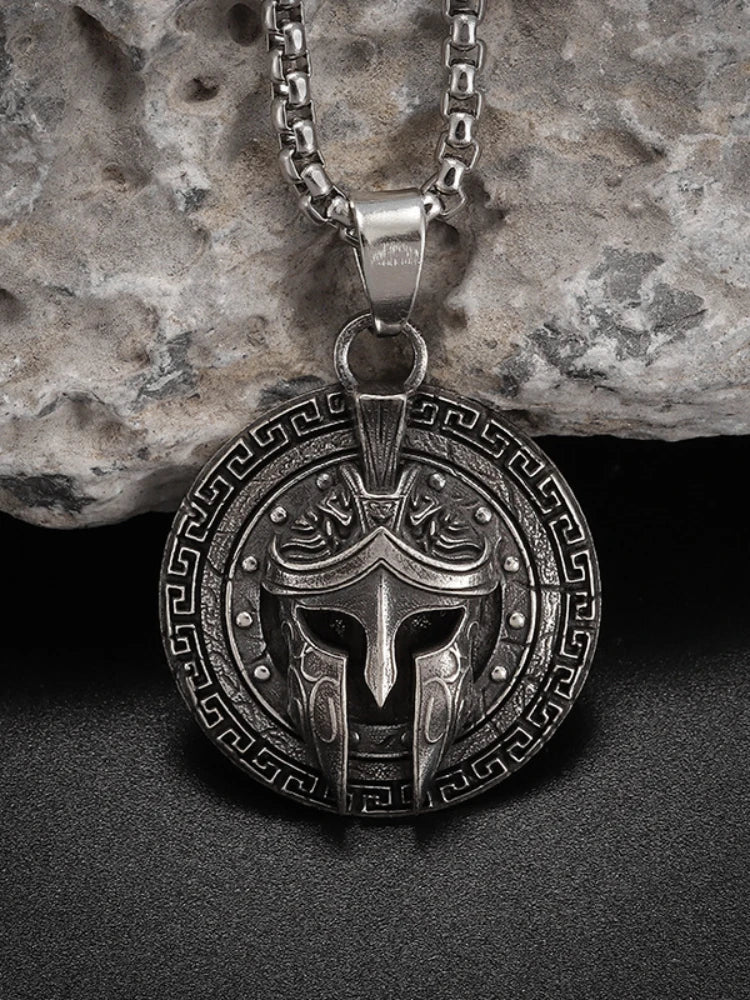 Vintage Ancient Greek Warrior Spartan Shield Pendant Necklace 316L Stainless Steel Men Personalized Punk Amulet Jewelry Gift