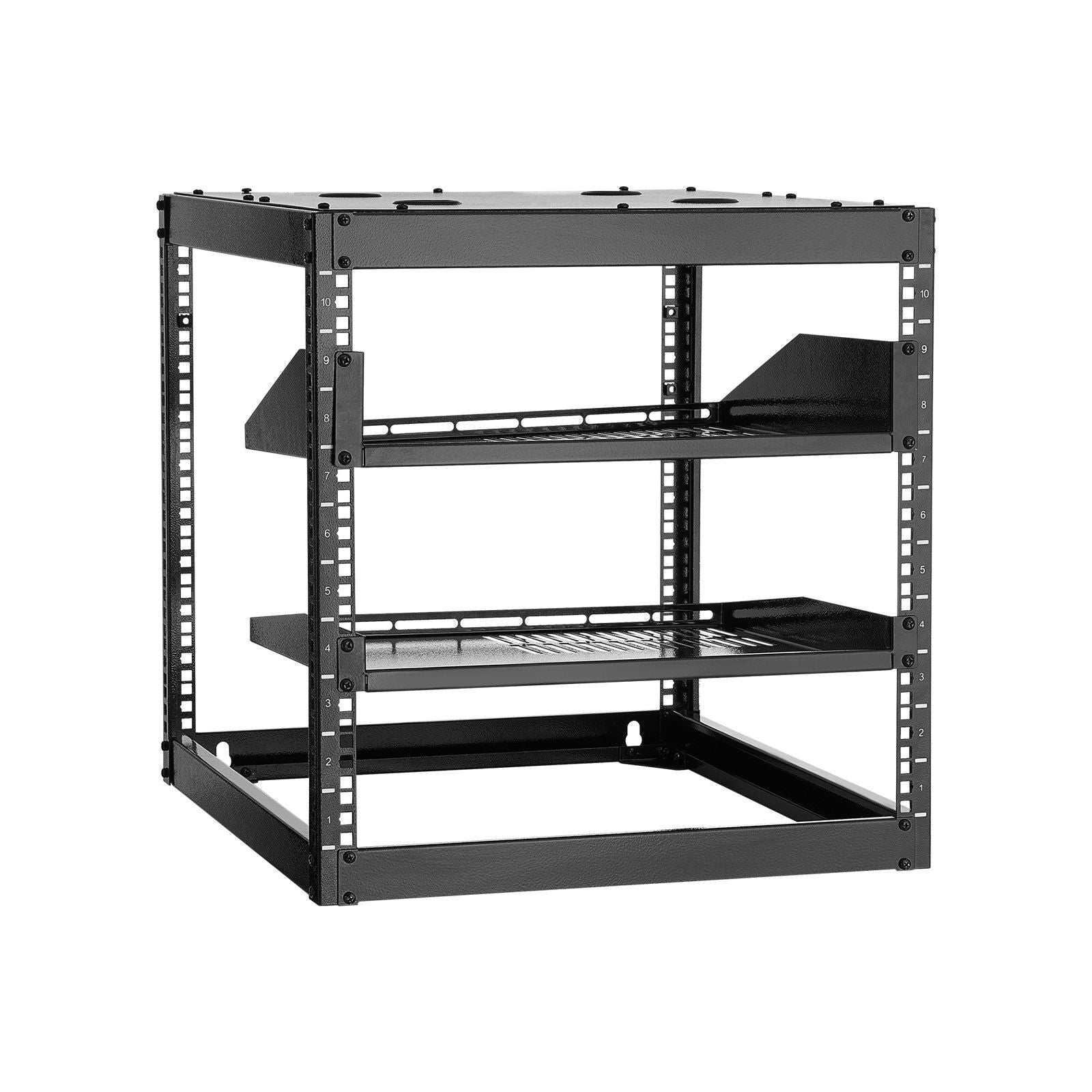 10U Open Frame Network Rack, 23 in Depth, Wall Mounted or Floor Standing Server Rack, Heavy Duty 4 Post, with Vented Shelves & Mounting Hardware, Holds All Your Networking IT Equipment AV Gear