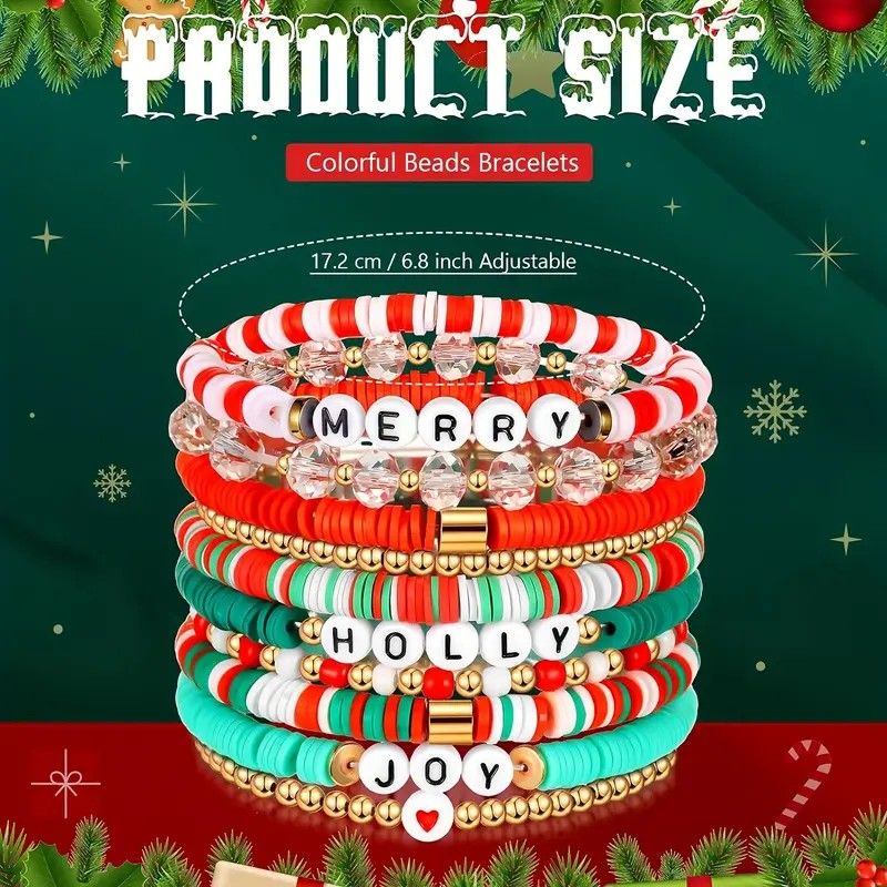 10-Pack Christmas Holiday Bracelet Set - Festive Polymer Clay Heishi Stretch Bracelets with Joyful Messages | Plastic Bead Jewelry Gift for Women | Seasonal Party Accessories