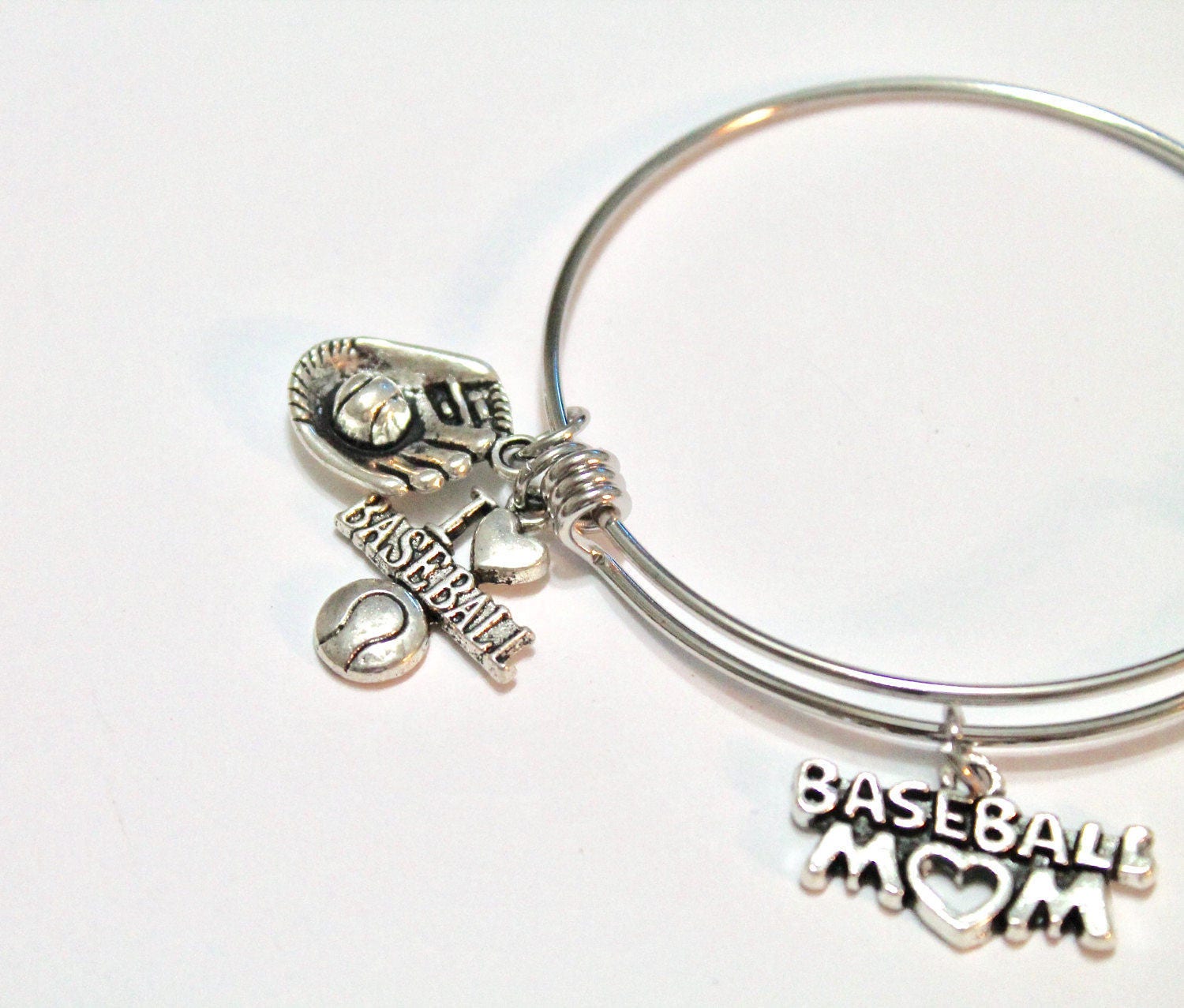 Baseball Mom Expanding Bangle Charm Bracelet, Gift for Mom, Gift for Her, Baseball Jewelry, Baseball Charms, Baseball Gift, I Love Baseball