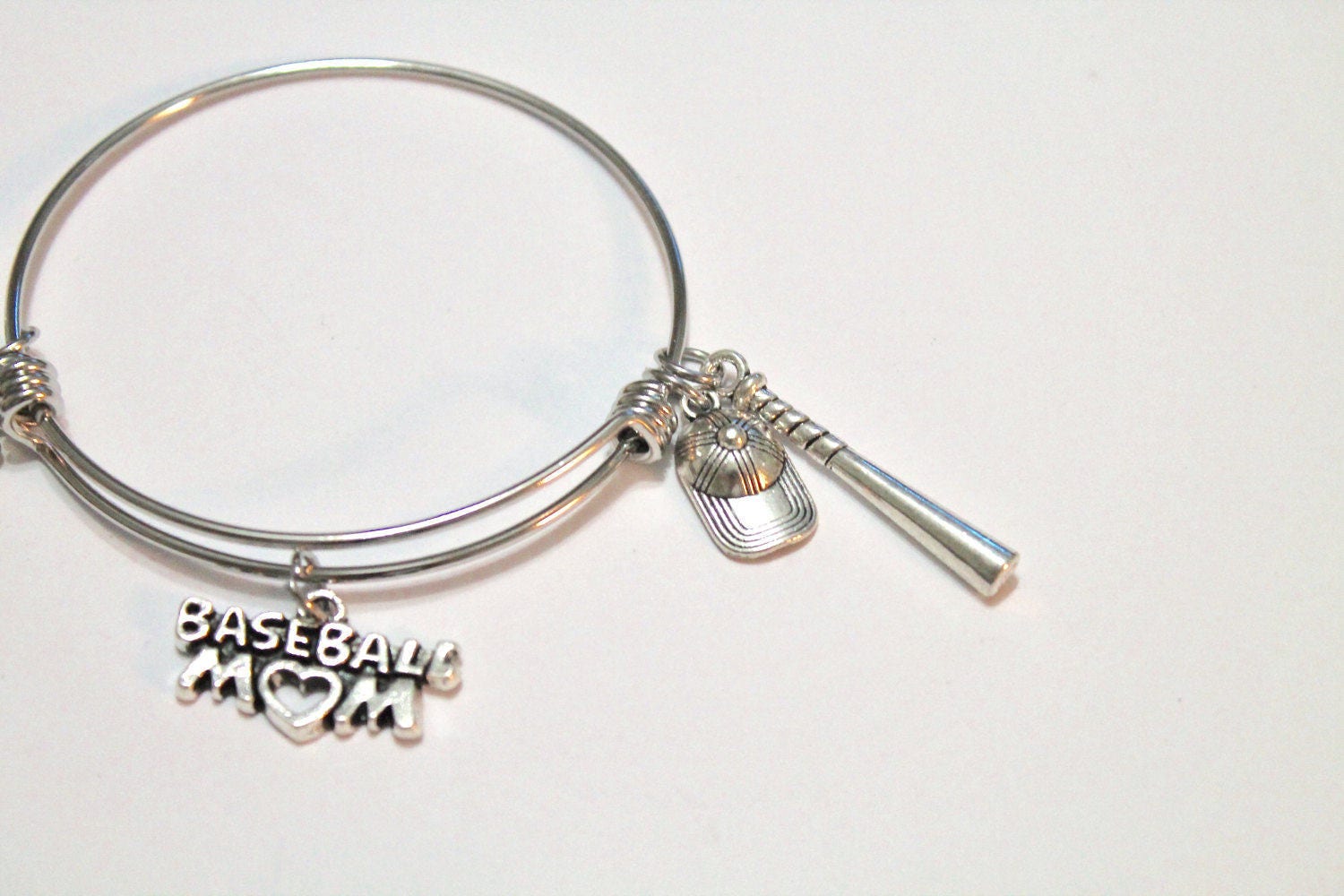 Baseball Mom Expanding Bangle Charm Bracelet, Gift for Mom, Gift for Her, Baseball Jewelry, Baseball Charms, Baseball Gift, I Love Baseball