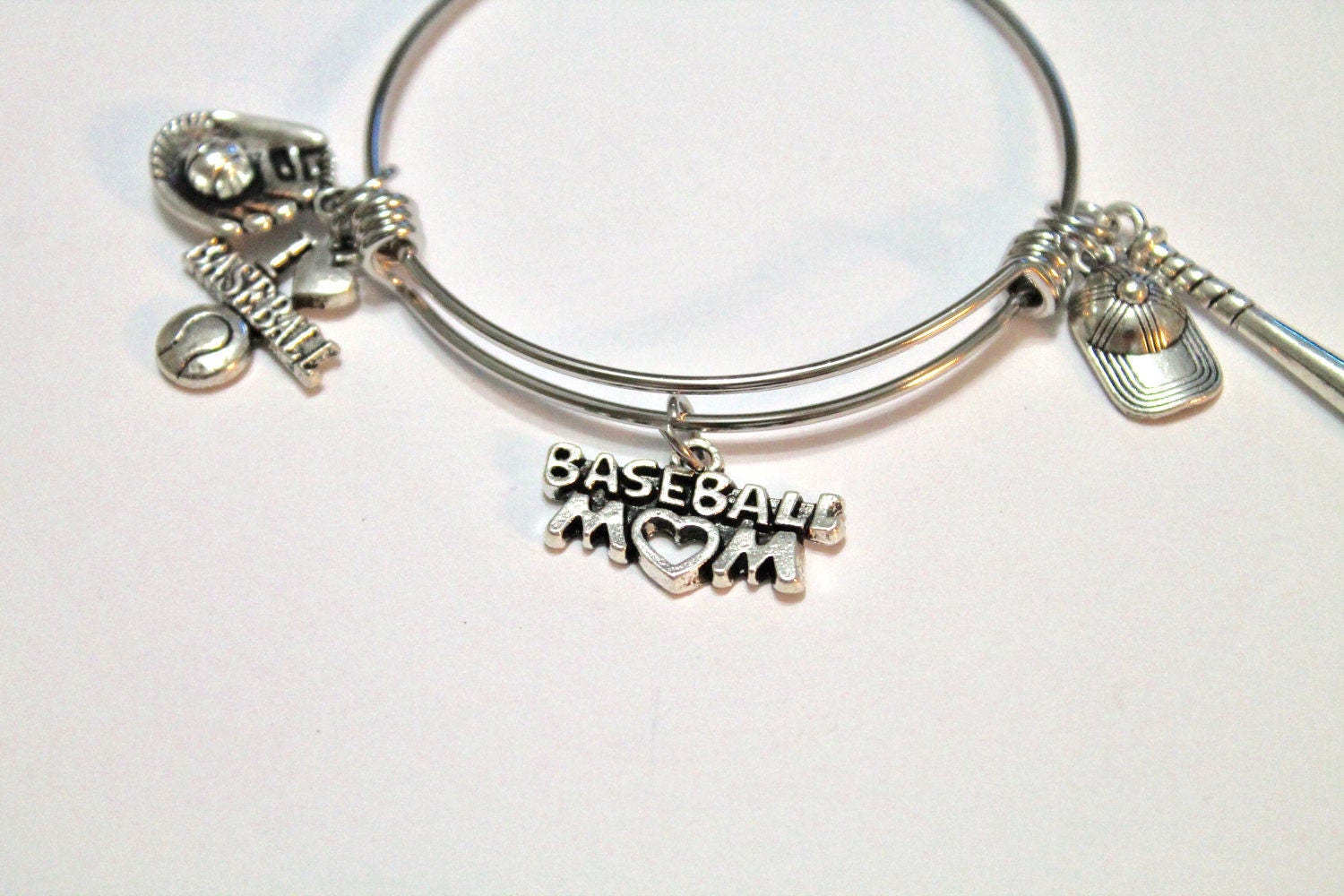 Baseball Mom Expanding Bangle Charm Bracelet, Gift for Mom, Gift for Her, Baseball Jewelry, Baseball Charms, Baseball Gift, I Love Baseball