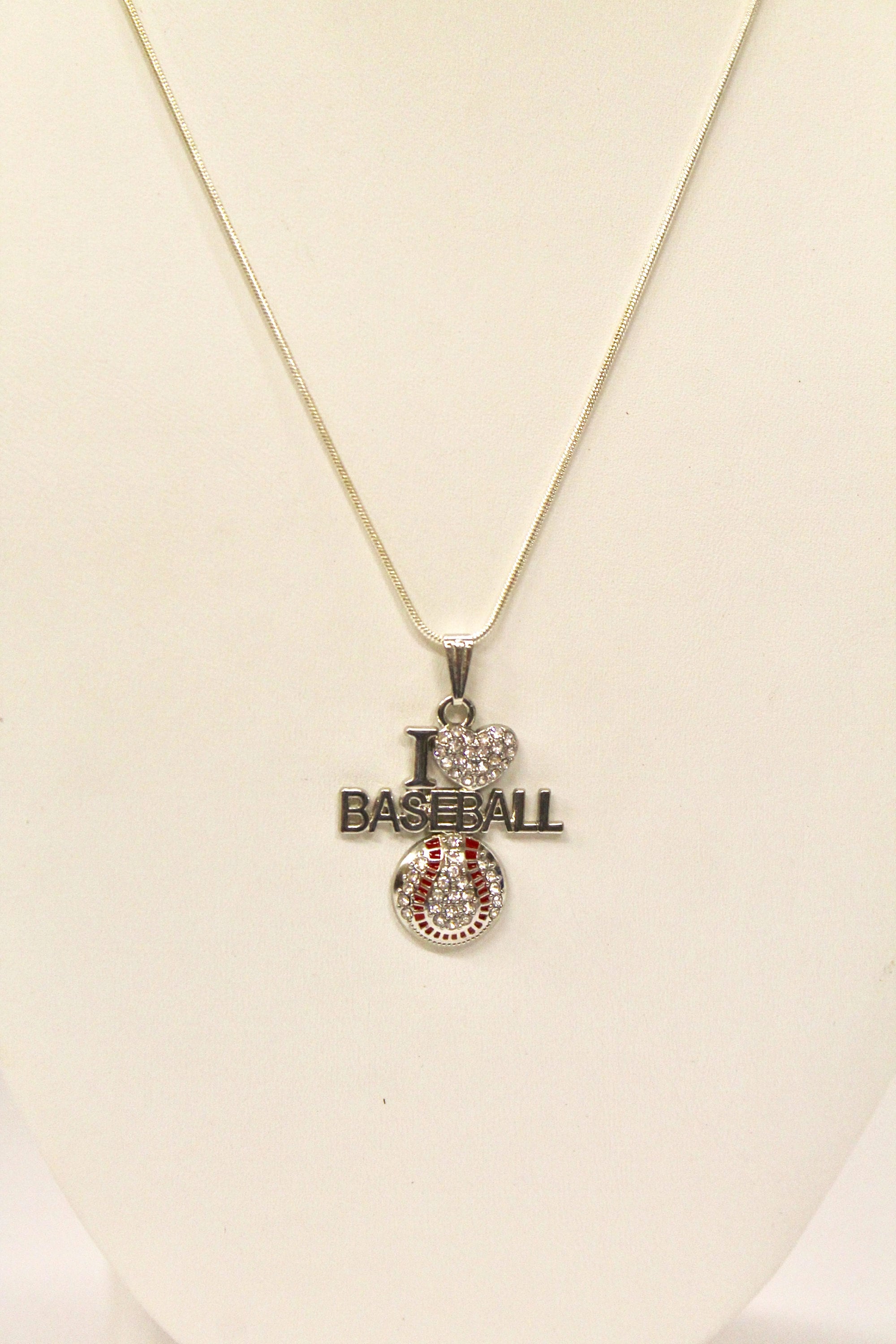 I Love Baseball Rhinestone Pendant on Silver Chain, Baseball Jewelry Gift For Her, Baseball Fan Jewelry for Wife, Baseball Necklace