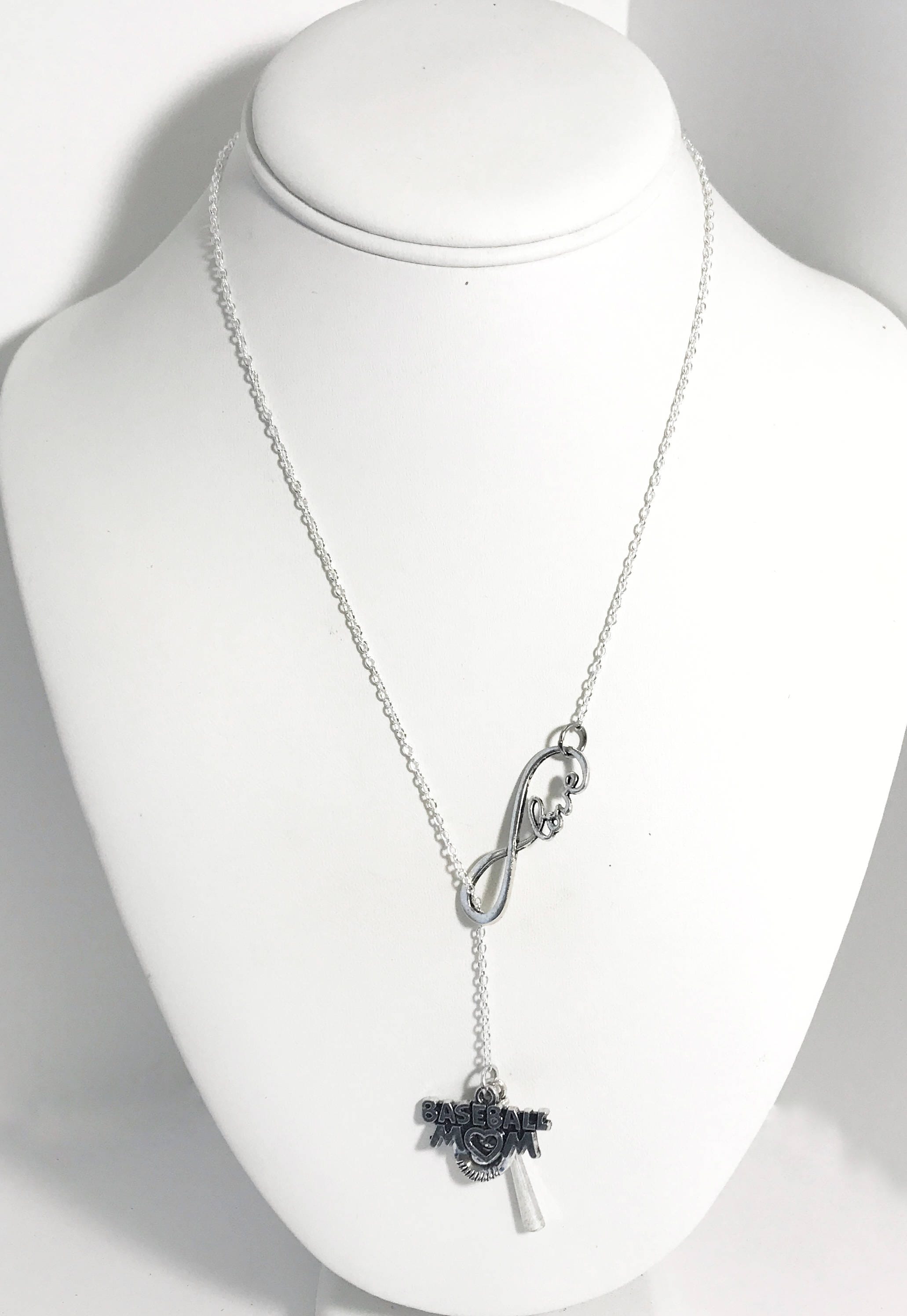 Baseball Mom Necklace, Baseball Mom Lariat Necklace, Baseball Mom Gift, Infinity Love Connector, Baseball Jewelry, Mom Valentines Day Gift
