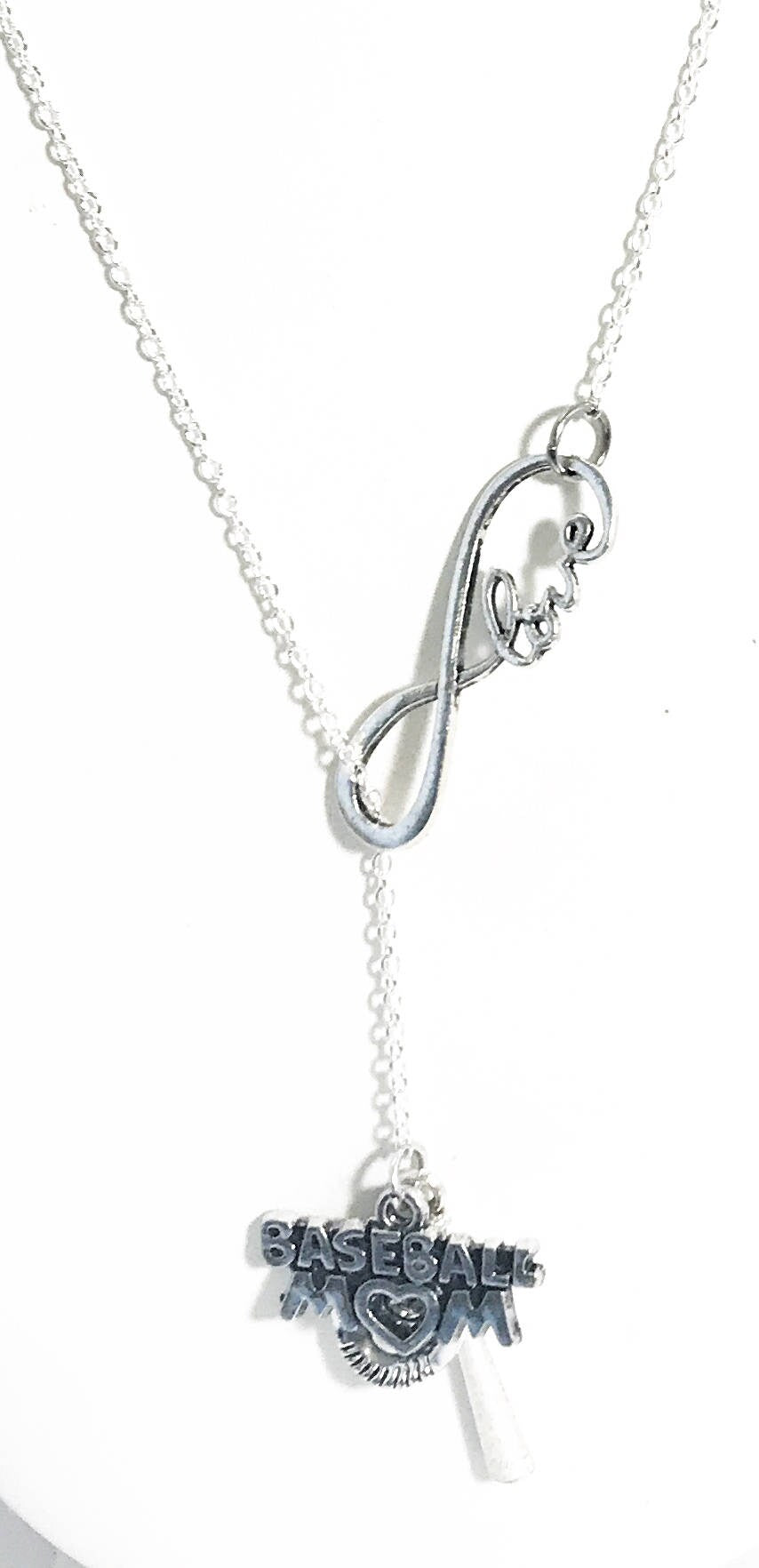 Baseball Mom Necklace, Baseball Mom Lariat Necklace, Baseball Mom Gift, Infinity Love Connector, Baseball Jewelry, Mom Valentines Day Gift