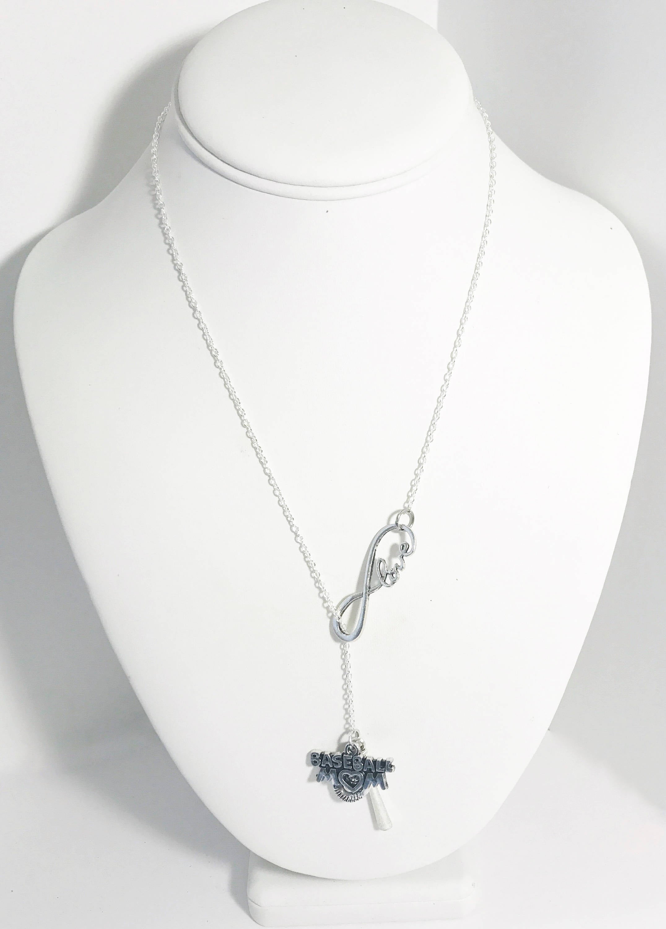 Baseball Mom Necklace, Baseball Mom Lariat Necklace, Baseball Mom Gift, Infinity Love Connector, Baseball Jewelry, Mom Valentines Day Gift