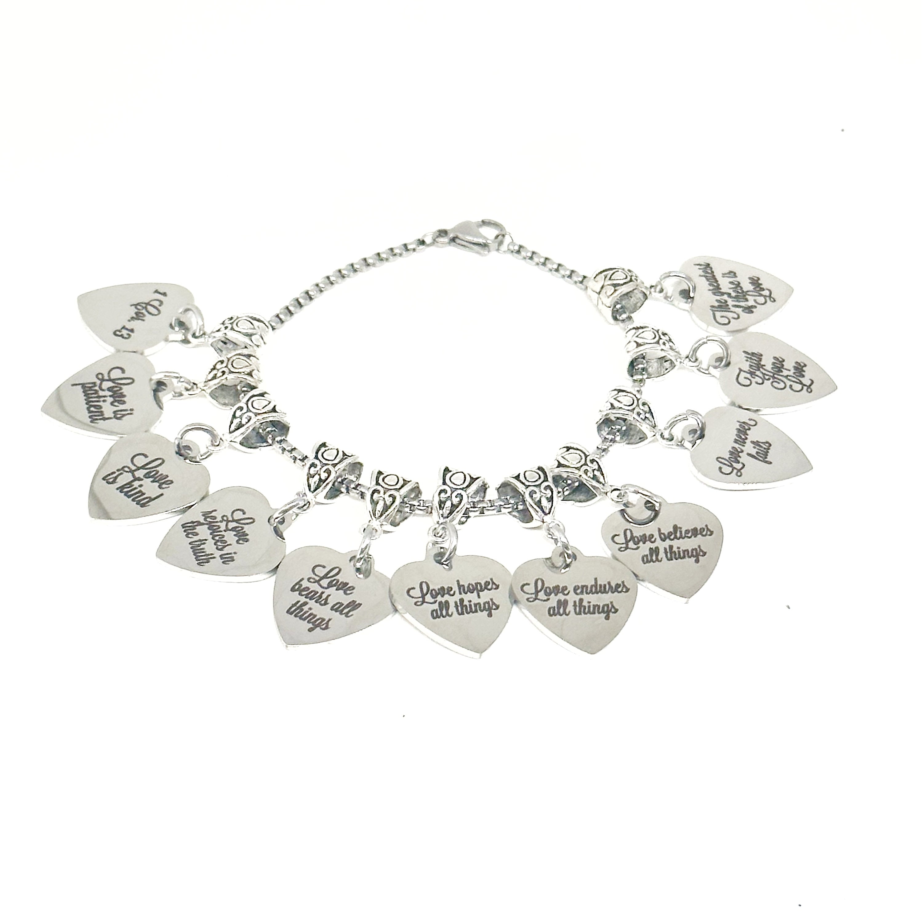 1 Corinthians 13 Charm Bracelet Stainless Steel Heart Charms Faith Jewelry Christian Gift Love Is Patient Kind Never Fails Inspirational