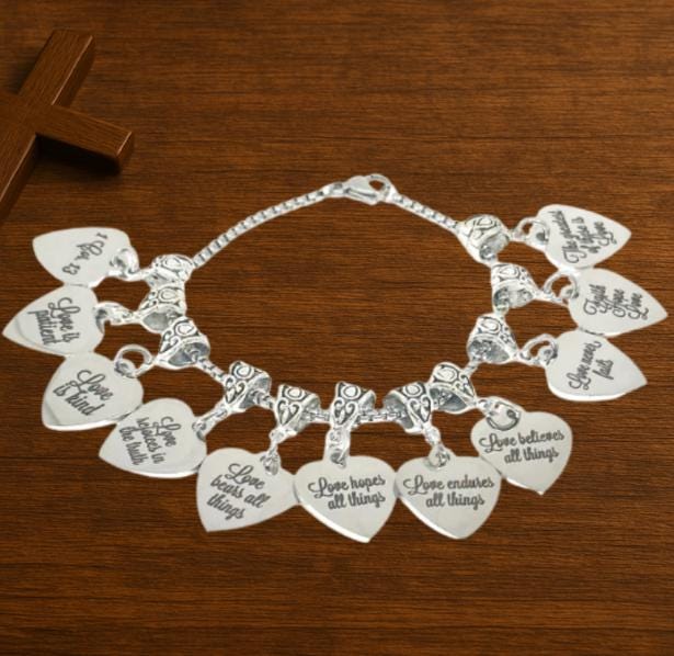 1 Corinthians 13 Charm Bracelet Stainless Steel Heart Charms Faith Jewelry Christian Gift Love Is Patient Kind Never Fails Inspirational