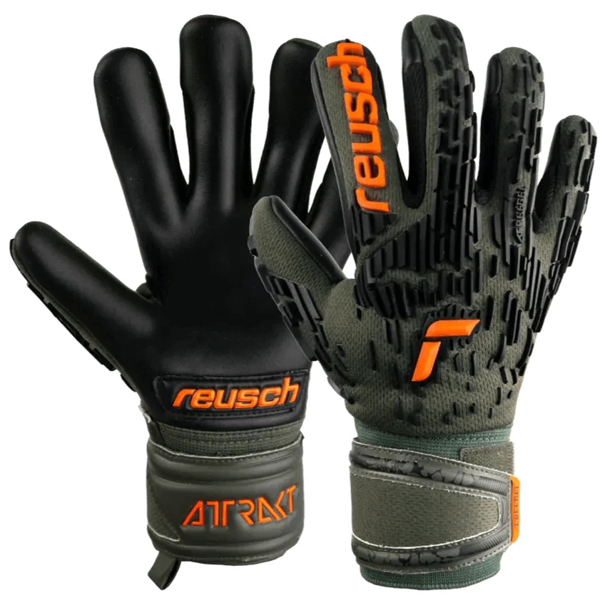 Reusch JR Attrakt Freegel Silver Finger Support Goalkeeper Gloves - Desert Green-Orange-Black